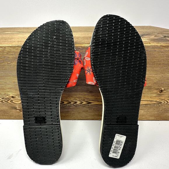 Havaianas Bege Palha Sandals Red Floral Fabric Thongs SZ 7/8 - 39/40 Beach Boho - Picture 6 of 7
